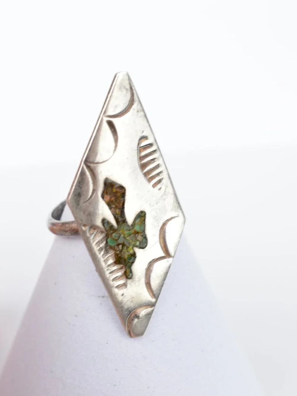 Vintage Navajo Sterling Silver Peyote Bird Waterbird Chip Inlay Ring Size 3.5